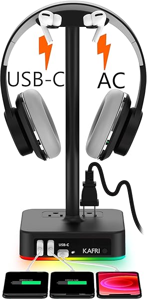 KAFRI KAFRI RGB Headphone Stand with USB Charger and 3 Ports Ideal for Gaming Desk Accessories and Boyfriend Gifts