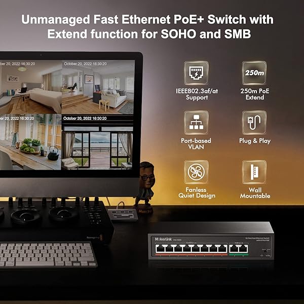 MokerLink MokerLink 8 Port PoE Switch with 2 Gigabit Uplink 802.3af/at PoE+ 100Mbps 120W Power Extend 250Meter Metal Plug and Play - View 2 of 7