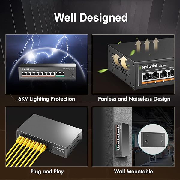 MokerLink MokerLink 8 Port PoE Switch with 2 Gigabit Uplink 802.3af/at PoE+ 100Mbps 120W Power Extend 250Meter Metal Plug and Play - View 5 of 7