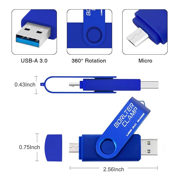 BORLTER CLAMP BorlterClamp 64GB USB 3.0 Dual Port Flash Drive for Android Smartphone Tablet and Computer Blue - View 8 of 8
