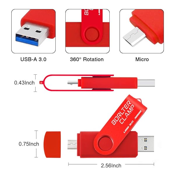 BORLTER CLAMP BorlterClamp 32GB USB 3.0 Dual Port Flash Drive for Android Smartphone Tablet and Computer Red - View 7 of 7
