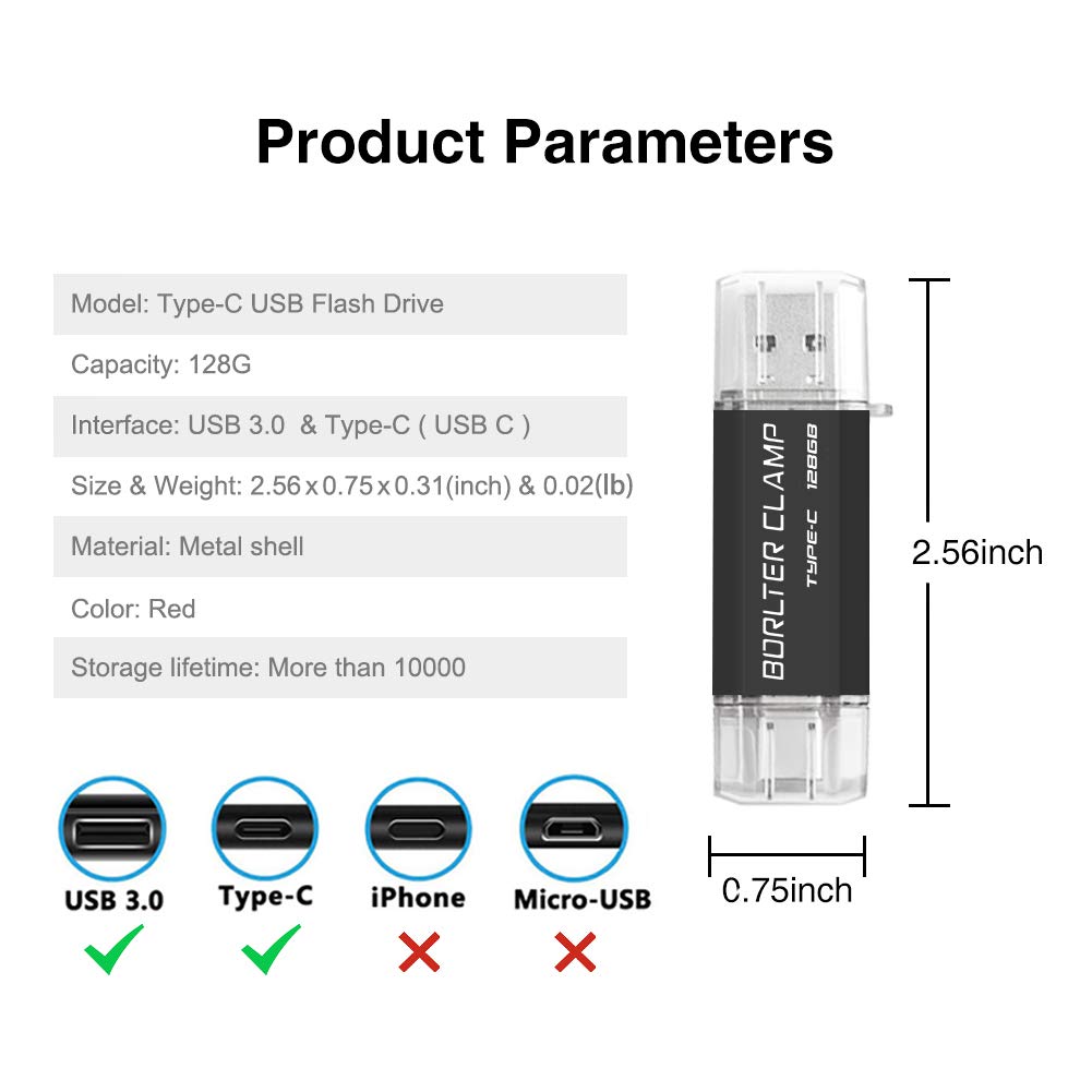 128GB USB Type-C Flash Drive BorlterClamp Dual Drive OTG Memory Stick for Android Smartphones Samsung Galaxy LG Google Pixel PC Gold - View 3 of 7