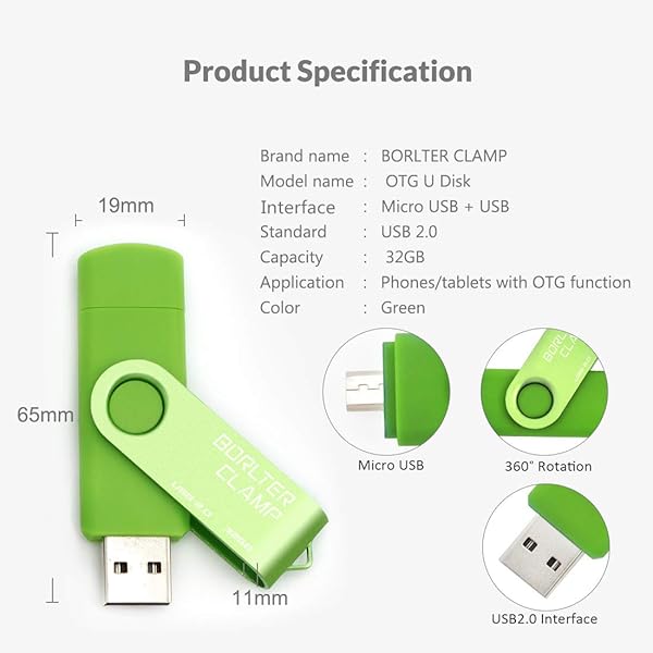 BORLTER CLAMP BorlterClamp 32GB USB Flash Drive Dual Port OTG Thumb Drive for Android Smartphone Tablet and Computer Green - View 8 of 8
