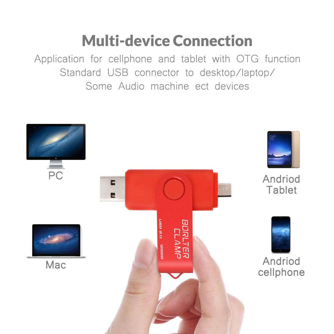 BorlterClamp 128GB USB Flash Drive Dual Port OTG Thumb Drive for Android Smartphone Tablet and Computer Red - View 2 of 6