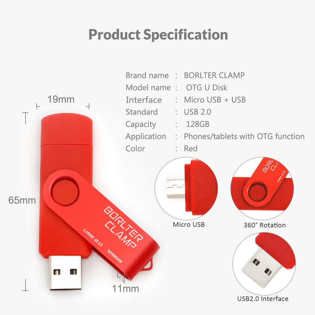 BorlterClamp 128GB USB Flash Drive Dual Port OTG Thumb Drive for Android Smartphone Tablet and Computer Red - View 6 of 6