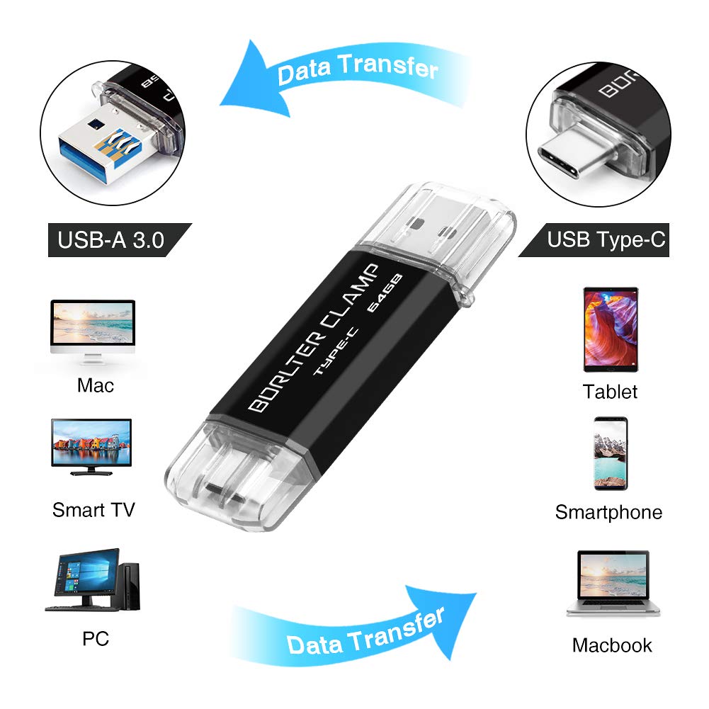 BORLTER CLAMP 64GB USB Type C Flash Drive Dual Drive for Android Smartphones Samsung Galaxy S10 S9 S8 Note 9 LG Google Pixel PC Black - View 2 of 9