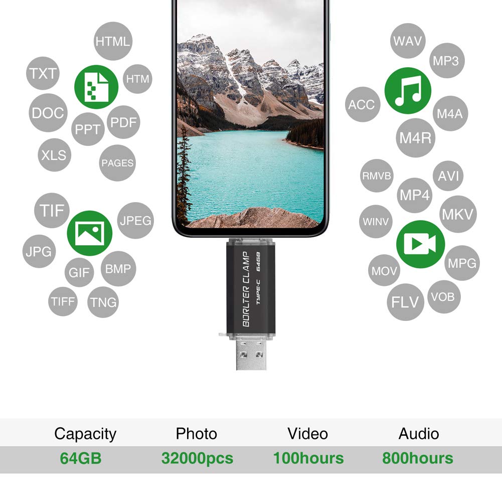 BORLTER CLAMP 64GB USB Type C Flash Drive Dual Drive for Android Smartphones Samsung Galaxy S10 S9 S8 Note 9 LG Google Pixel PC Black - View 6 of 9