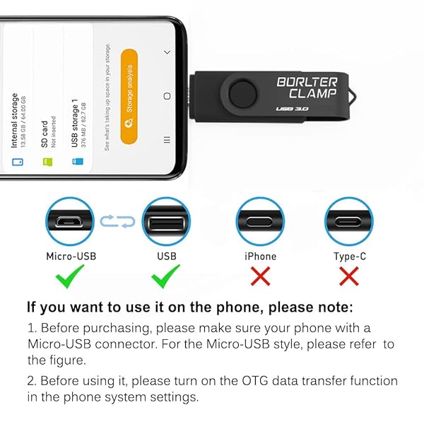BORLTER CLAMP BorlterClamp 64GB USB 3.0 Dual Port Flash Drive for Android Smartphone Tablet and Computer Black - View 7 of 8