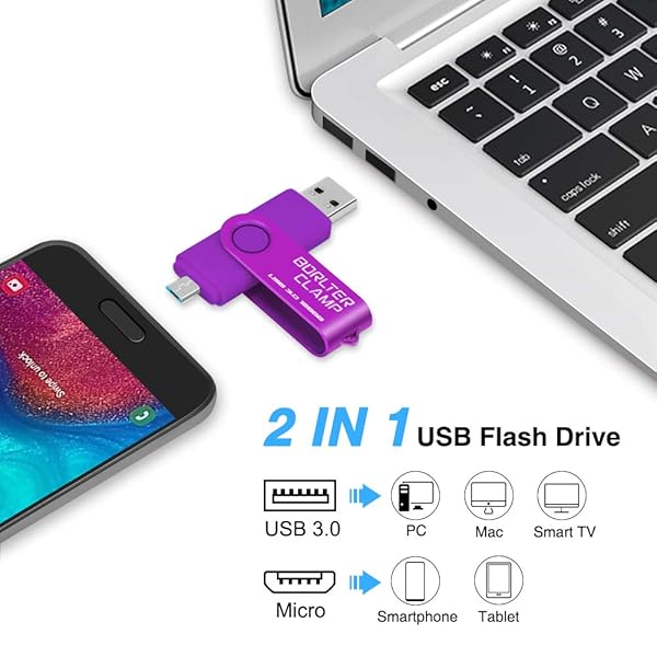 BORLTER CLAMP BorlterClamp 128GB USB 3.0 Flash Drive Dual Port Memory Stick for Android Smartphone Tablet and Computer Purple - View 2 of 7