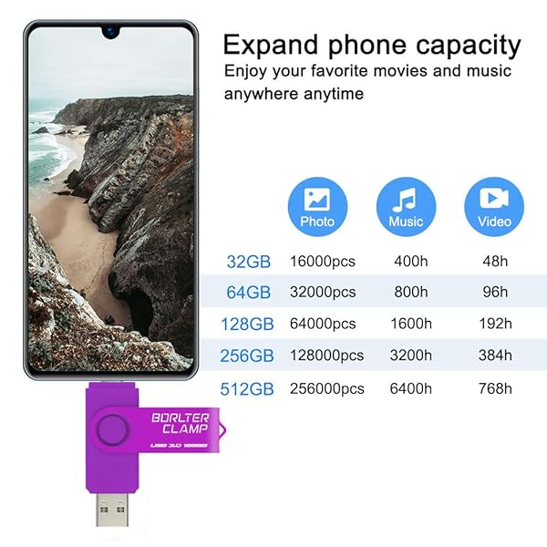 BORLTER CLAMP BorlterClamp 128GB USB 3.0 Flash Drive Dual Port Memory Stick for Android Smartphone Tablet and Computer Purple - View 3 of 7