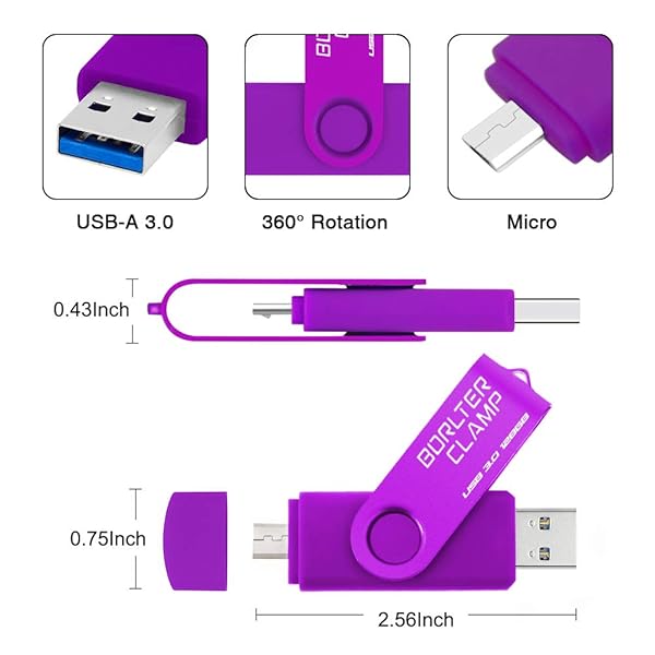 BORLTER CLAMP BorlterClamp 128GB USB 3.0 Flash Drive Dual Port Memory Stick for Android Smartphone Tablet and Computer Purple - View 7 of 7
