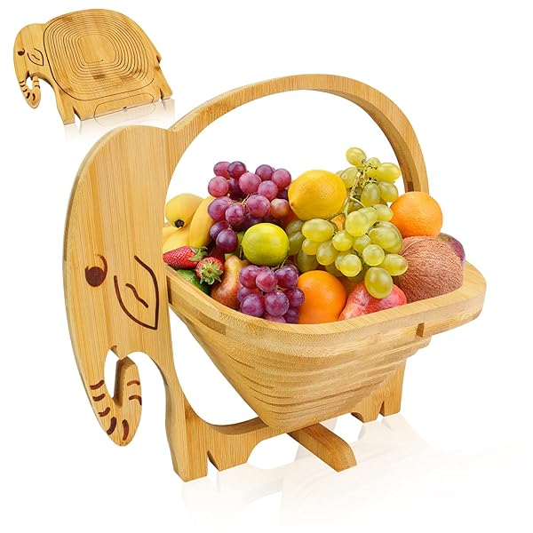 MYOSOTIS MYOSOTIS Foldable Bamboo Fruit Basket Collapsible Veggie Holder for Christmas Holiday Party Elephant Design