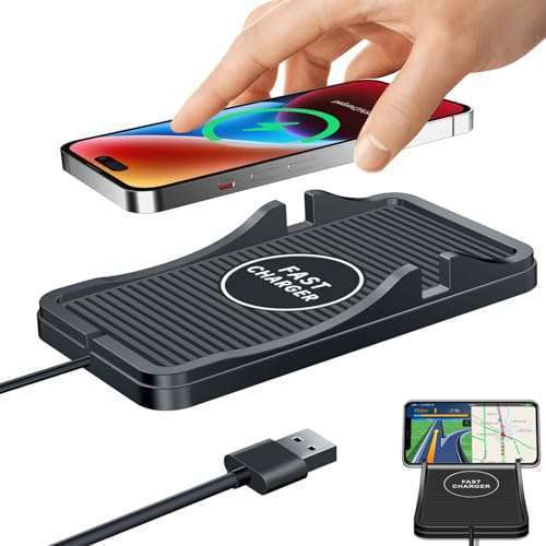 TASUMATO Fast Wireless Car Charger Pad - 15W Qi Charging Mat for iPhone & Samsung Galaxy - Quick Charge Phone Stand Holder