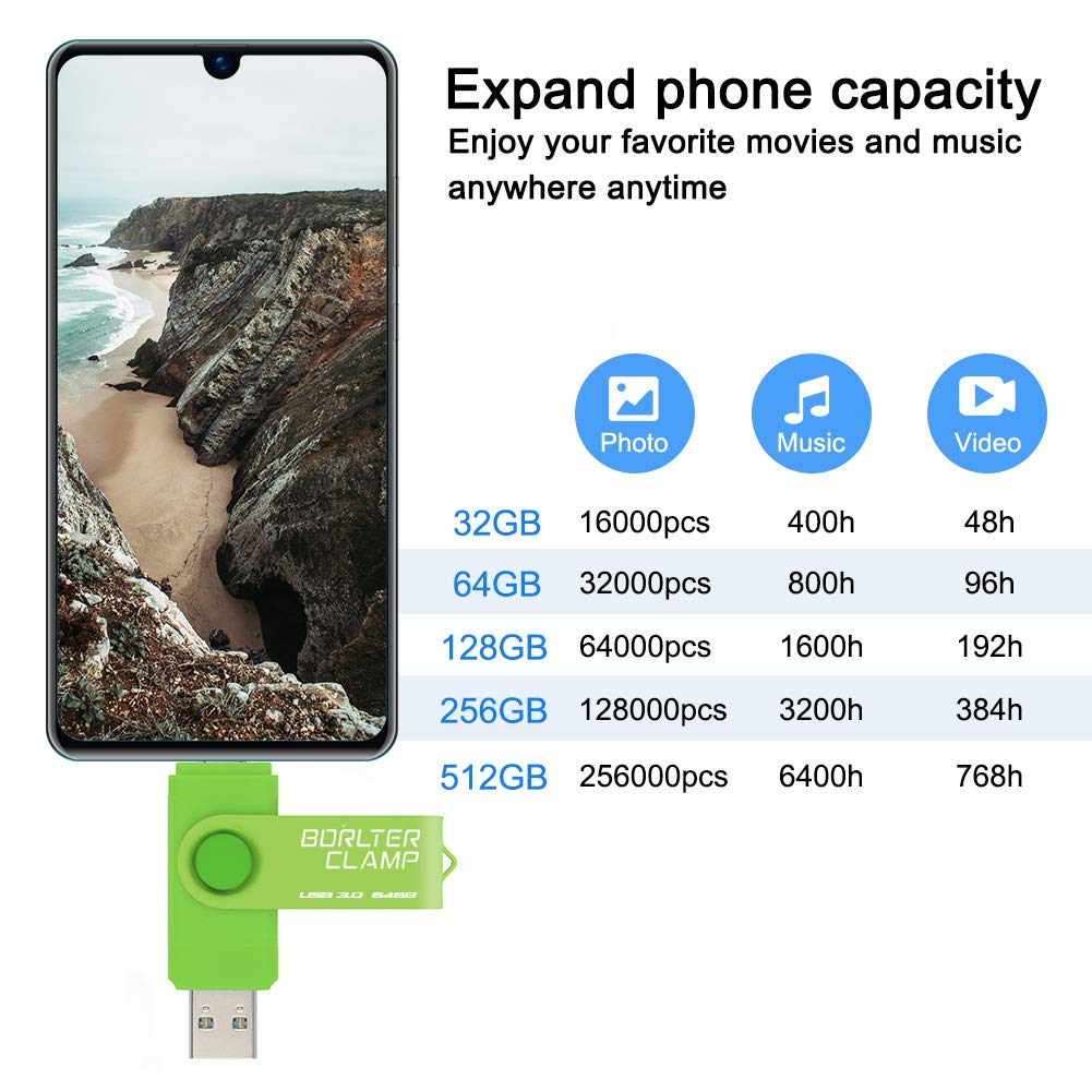 BorlterClamp 64GB USB 3.0 Dual Port Flash Drive for Android Smartphone Tablet and Computer Green - View 3 of 7
