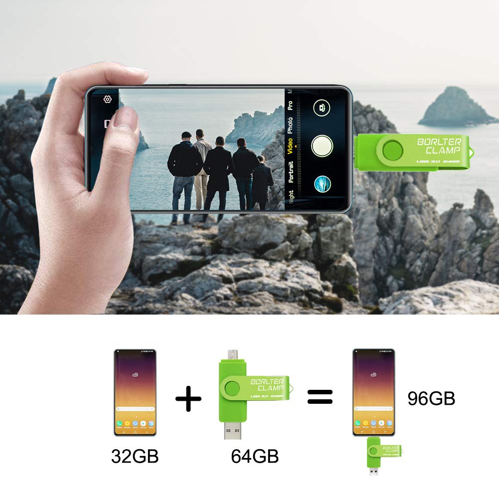 BorlterClamp 64GB USB 3.0 Dual Port Flash Drive for Android Smartphone Tablet and Computer Green - View 4 of 7