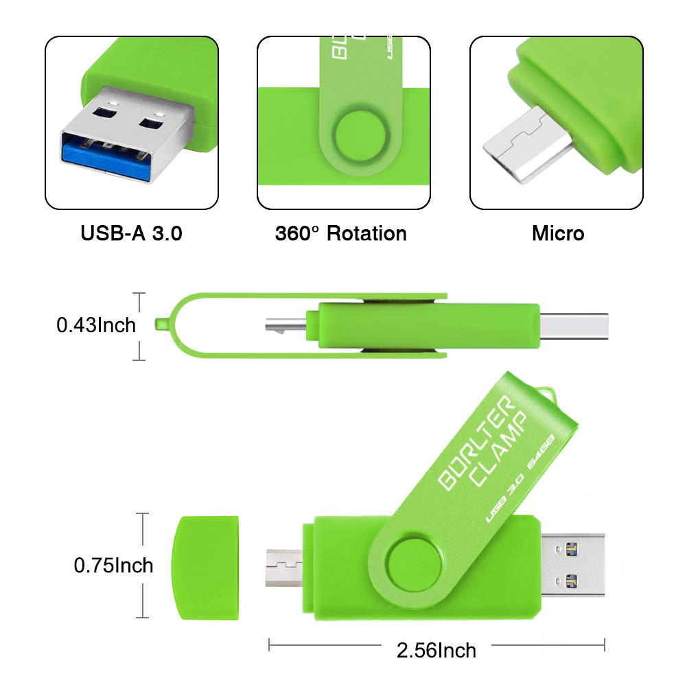 BorlterClamp 64GB USB 3.0 Dual Port Flash Drive for Android Smartphone Tablet and Computer Green - View 7 of 7