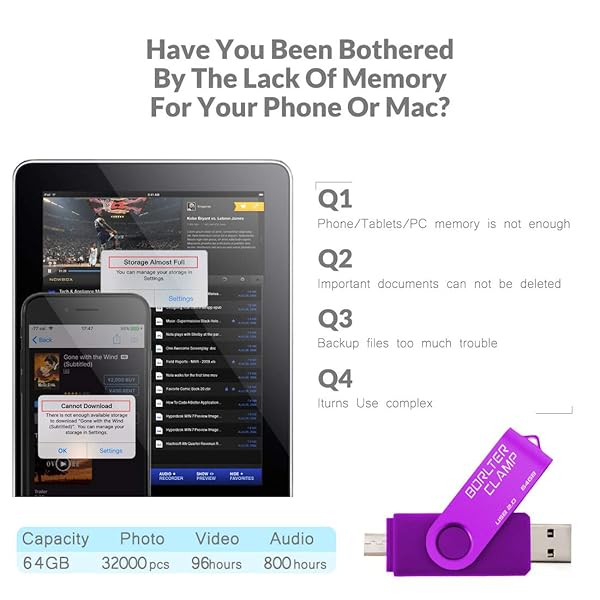 BORLTER CLAMP BorlterClamp 64GB USB Flash Drive Dual Port OTG Memory Stick for Android Smartphone Tablet and Computer Purple - View 6 of 7