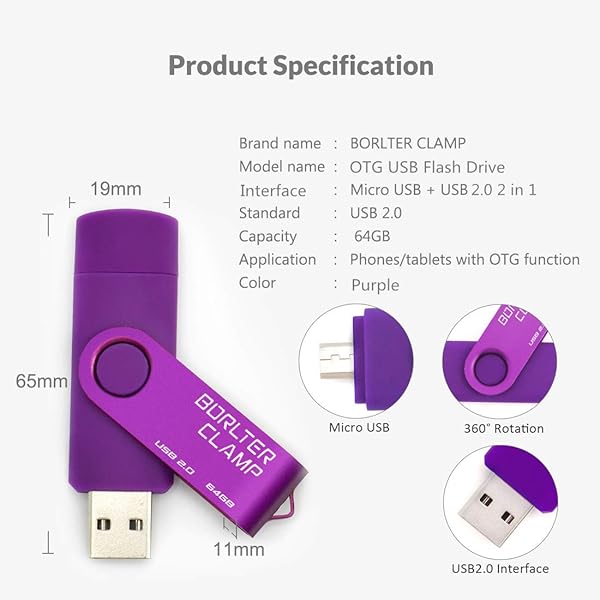 BORLTER CLAMP BorlterClamp 64GB USB Flash Drive Dual Port OTG Memory Stick for Android Smartphone Tablet and Computer Purple - View 7 of 7