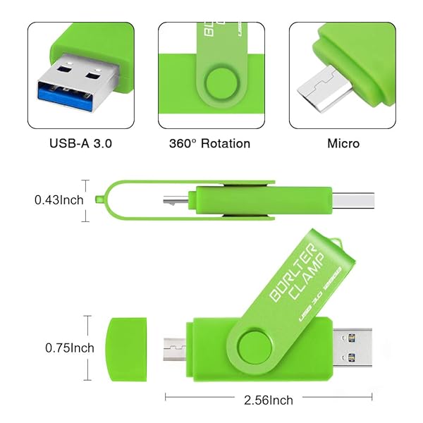 BORLTER CLAMP BorlterClamp 128GB USB 3.0 Flash Drive Dual Port Memory Stick for Android Smartphone Tablet and Computer Green - View 7 of 7