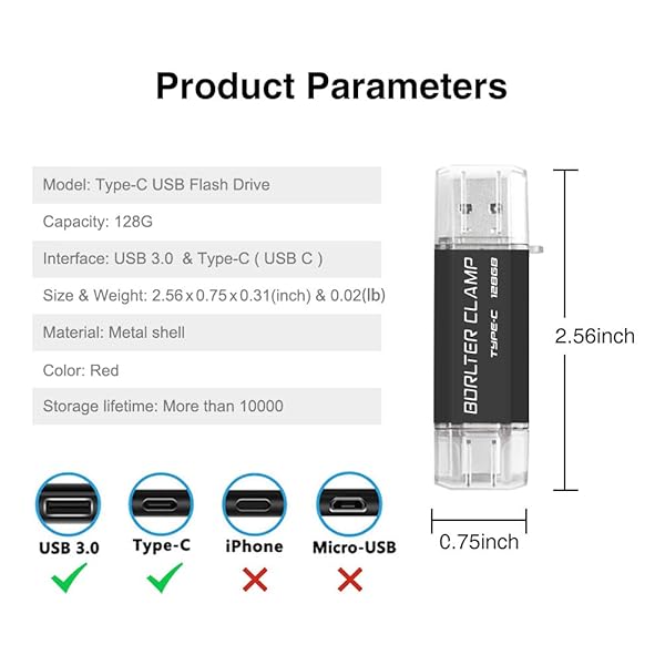 BORLTER CLAMP 128GB Type C USB 3.0 Dual Port Flash Drive for Android Smartphones Tablets and Computers Black - View 3 of 7