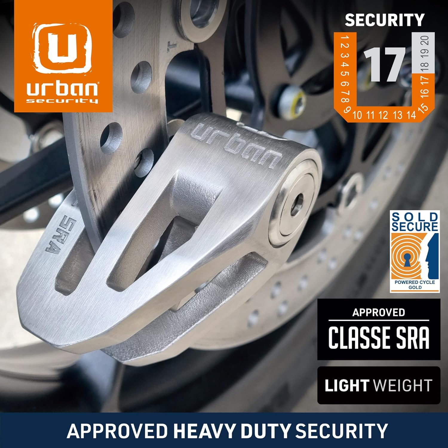 urban Urban UR210S Motorcycle Anti-Theft Disc Lock High Security SRA Approved Heavy Duty Stainless Steel Double Locking for Moto and Scooter - View 2 of 8