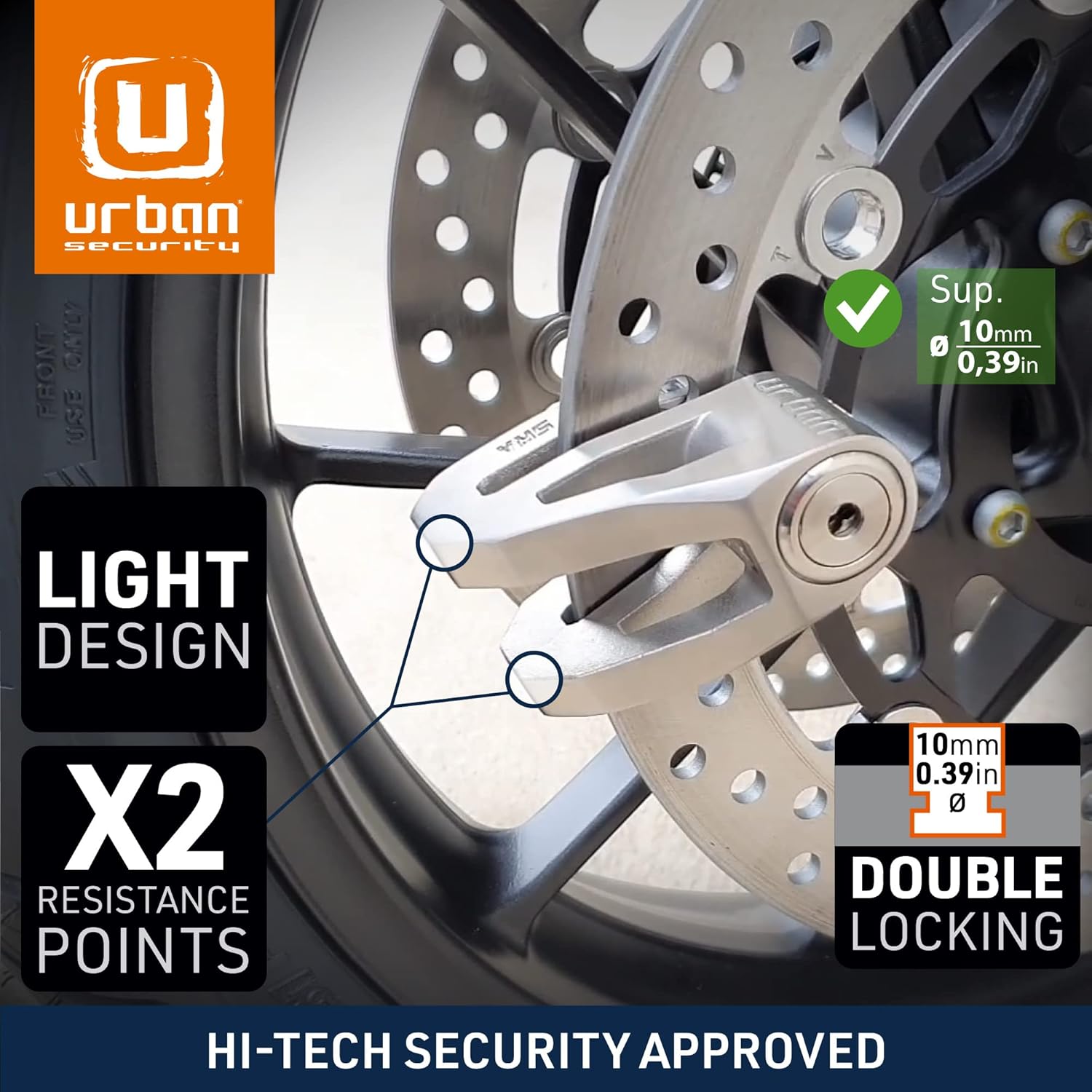 urban Urban UR210S Motorcycle Anti-Theft Disc Lock High Security SRA Approved Heavy Duty Stainless Steel Double Locking for Moto and Scooter - View 6 of 8