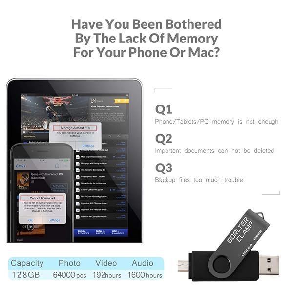 BORLTER CLAMP BorlterClamp 128GB USB Flash Drive Dual Port OTG Thumb Drive for Android Smartphone Tablet and Computer Black - View 7 of 8