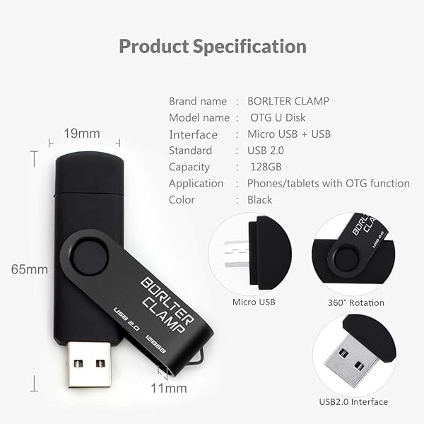 BORLTER CLAMP BorlterClamp 128GB USB Flash Drive Dual Port OTG Thumb Drive for Android Smartphone Tablet and Computer Black - View 8 of 8