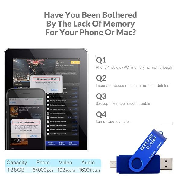 BORLTER CLAMP BorlterClamp 128GB USB Flash Drive Dual Port OTG Thumb Drive for Android Smartphone Tablet and Computer Blue - View 5 of 6