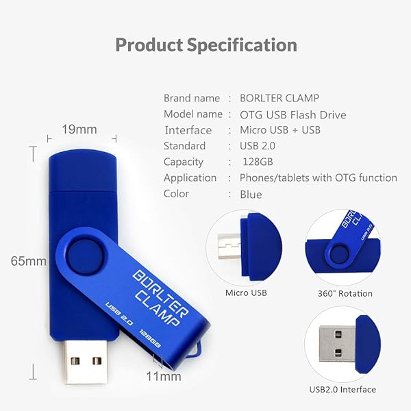 BORLTER CLAMP BorlterClamp 128GB USB Flash Drive Dual Port OTG Thumb Drive for Android Smartphone Tablet and Computer Blue - View 6 of 6
