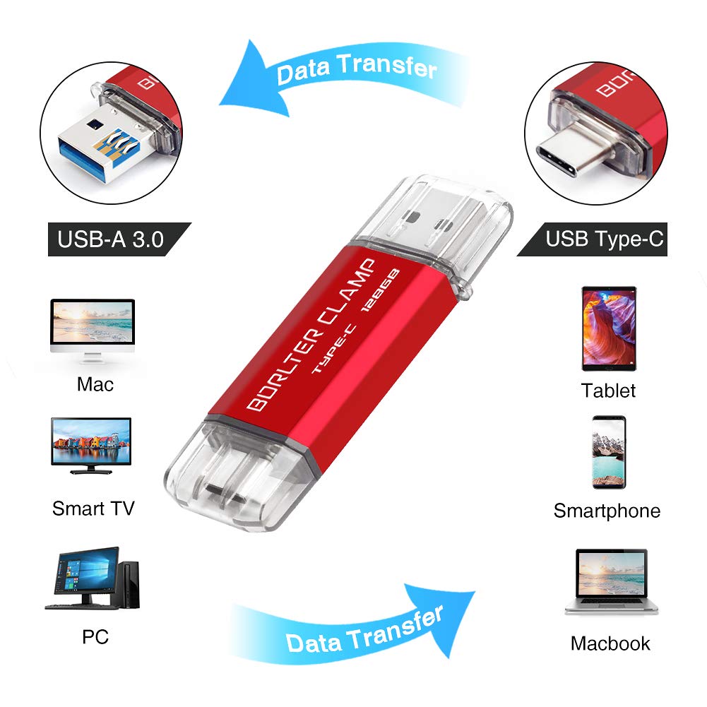 BORLTER CLAMP 128GB USB Type-C Flash Drive BorlterClamp Dual Drive OTG Memory Stick for Android Smartphones Samsung Galaxy S10 S9 S8 Note 9 LG Google Pixel PC Red - View 2 of 9