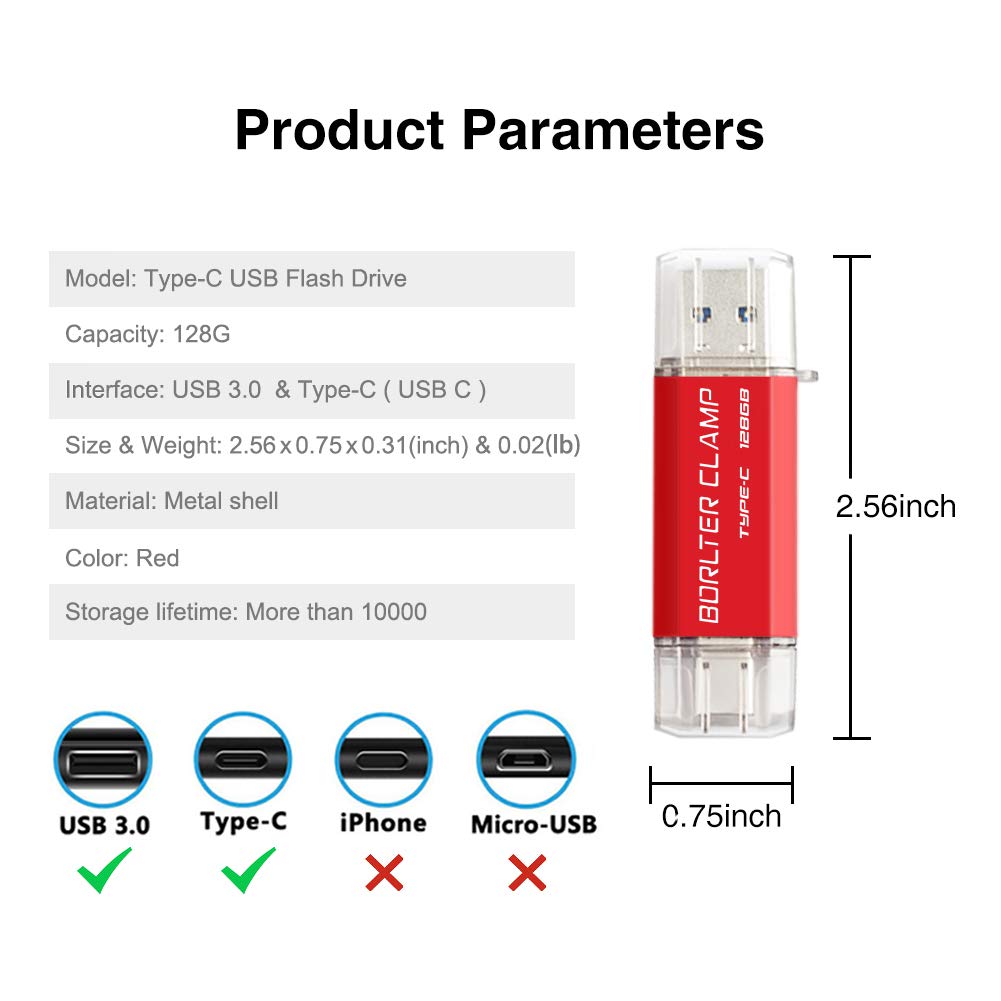 BORLTER CLAMP 128GB USB Type-C Flash Drive BorlterClamp Dual Drive OTG Memory Stick for Android Smartphones Samsung Galaxy S10 S9 S8 Note 9 LG Google Pixel PC Red - View 3 of 9