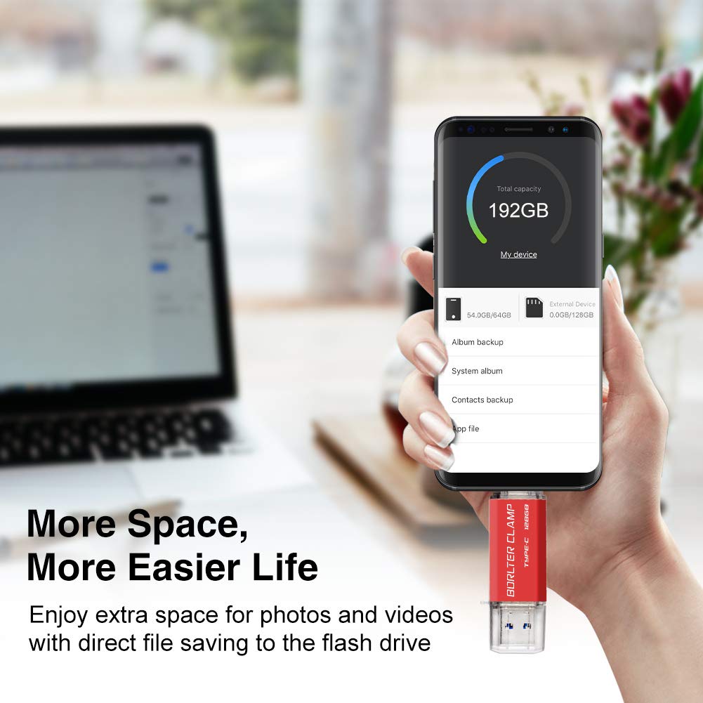BORLTER CLAMP 128GB USB Type-C Flash Drive BorlterClamp Dual Drive OTG Memory Stick for Android Smartphones Samsung Galaxy S10 S9 S8 Note 9 LG Google Pixel PC Red - View 4 of 9