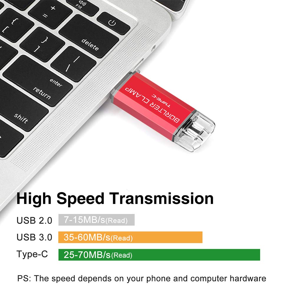 BORLTER CLAMP 128GB USB Type-C Flash Drive BorlterClamp Dual Drive OTG Memory Stick for Android Smartphones Samsung Galaxy S10 S9 S8 Note 9 LG Google Pixel PC Red - View 5 of 9