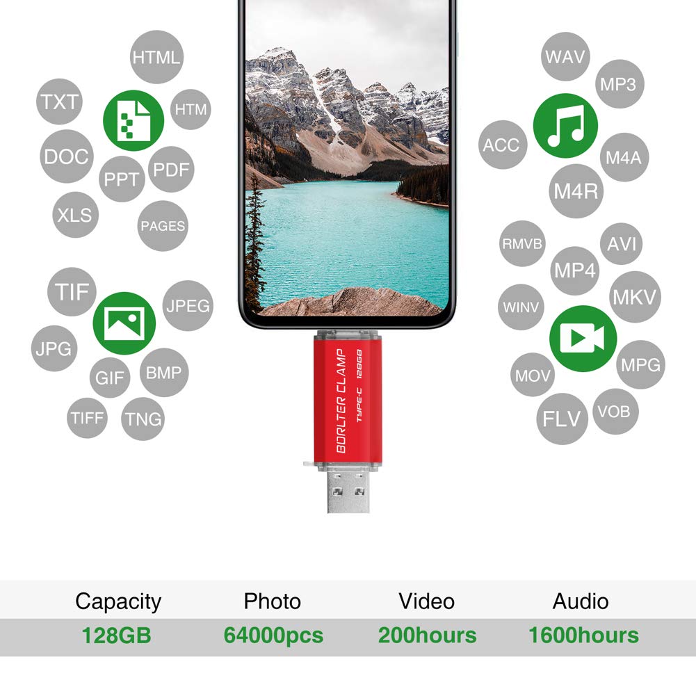 BORLTER CLAMP 128GB USB Type-C Flash Drive BorlterClamp Dual Drive OTG Memory Stick for Android Smartphones Samsung Galaxy S10 S9 S8 Note 9 LG Google Pixel PC Red - View 6 of 9
