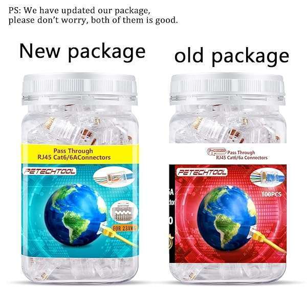 PETECHTOOL RJ45 23AWG Cat6a Cat6 Connector Gold Plated 8P8C Pass Through Ends UTP Network Plug for Unshielded Twisted Pair Solid Wire & Standard Cables | Transparent Passthrough Ethernet Connector (100Packs) - View 4 of 8