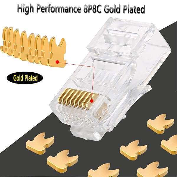 PETECHTOOL RJ45 23AWG Cat6a Cat6 Connector Gold Plated 8P8C Pass Through Ends UTP Network Plug for Unshielded Twisted Pair Solid Wire & Standard Cables | Transparent Passthrough Ethernet Connector (100Packs) - View 6 of 8