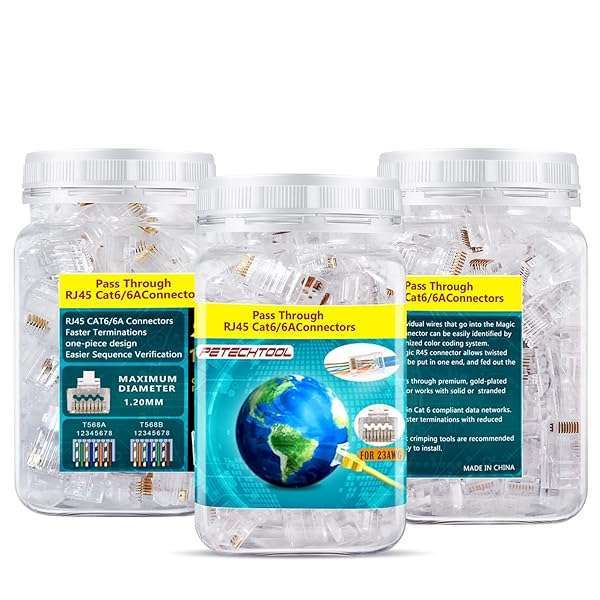 PETECHTOOL RJ45 23AWG Cat6a Cat6 Connector Gold Plated 8P8C Pass Through Ends UTP Network Plug for Unshielded Twisted Pair Solid Wire & Standard Cables | Transparent Passthrough Ethernet Connector (100Packs) - View 7 of 8