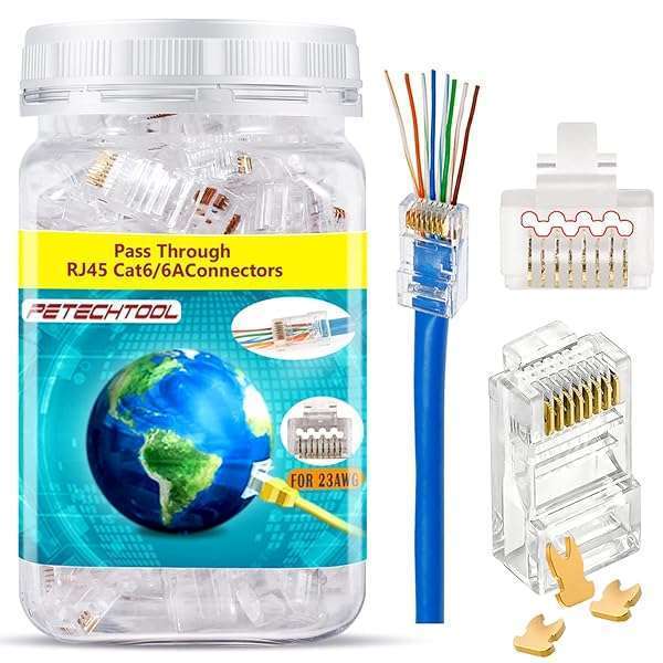 PETECHTOOL RJ45 23AWG Cat6a Cat6 Connector Gold Plated 8P8C Pass Through Ends UTP Network Plug for Unshielded Twisted Pair Solid Wire & Standard Cables | Transparent Passthrough Ethernet Connector (100Packs) - View 2 of 8
