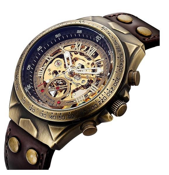 MASTOP MASTOP Luxury Men's Skeleton Watch: Automatic Mechanical, Waterproof, Leather Belt, Bronze Steel - Fashionable Brown Timepiece - View 3 of 8