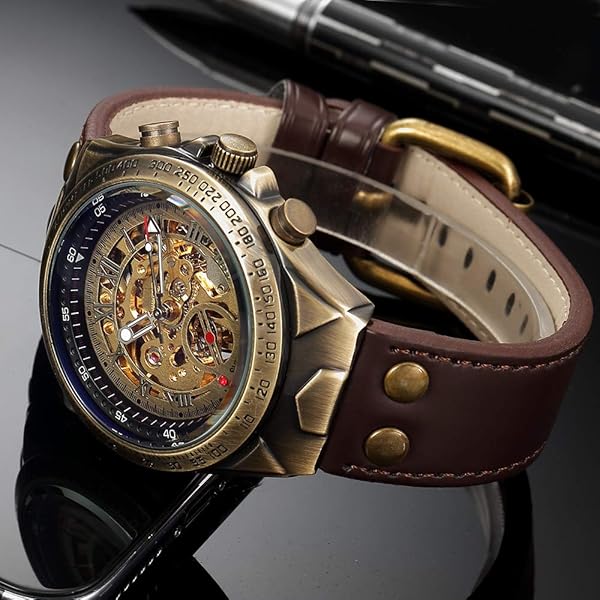 MASTOP MASTOP Luxury Men's Skeleton Watch: Automatic Mechanical, Waterproof, Leather Belt, Bronze Steel - Fashionable Brown Timepiece - View 4 of 8