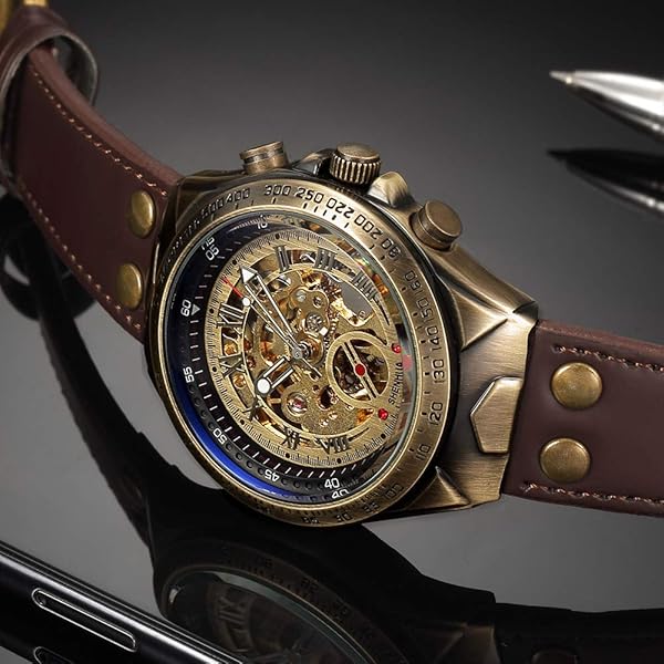 MASTOP MASTOP Luxury Men's Skeleton Watch: Automatic Mechanical, Waterproof, Leather Belt, Bronze Steel - Fashionable Brown Timepiece - View 5 of 8