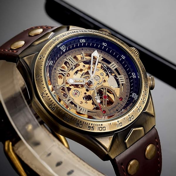 MASTOP MASTOP Luxury Men's Skeleton Watch: Automatic Mechanical, Waterproof, Leather Belt, Bronze Steel - Fashionable Brown Timepiece - View 6 of 8