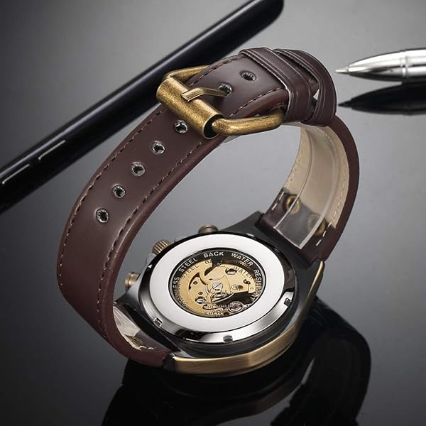 MASTOP MASTOP Luxury Men's Skeleton Watch: Automatic Mechanical, Waterproof, Leather Belt, Bronze Steel - Fashionable Brown Timepiece - View 7 of 8