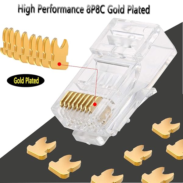 PETECHTOOL RJ45 23AWG Cat6a Cat6 Large Connector Gold Plated 8P8C Pass Through Plug UTP Network Ends for Unshielded Twisted Pair Solid Wire & Standard Cables | Transparent Passthrough Ethernet Insert?50Packs? - View 4 of 7