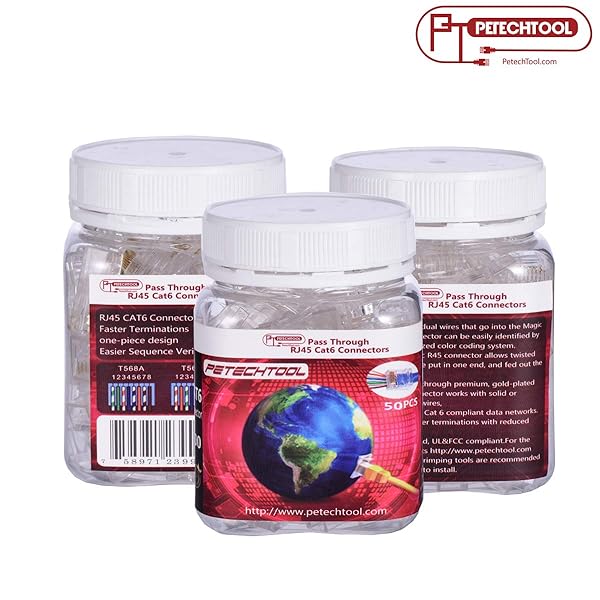 PETECHTOOL RJ45 23AWG Cat6a Cat6 Large Connector Gold Plated 8P8C Pass Through Plug UTP Network Ends for Unshielded Twisted Pair Solid Wire & Standard Cables | Transparent Passthrough Ethernet Insert?50Packs? - View 6 of 7