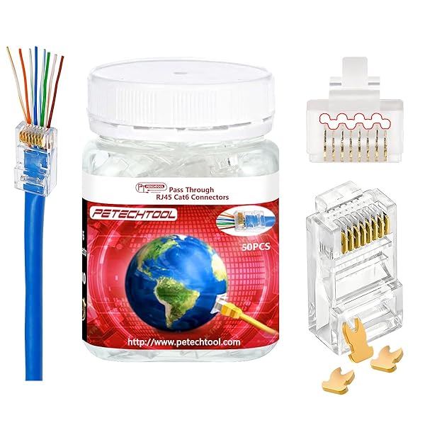 PETECHTOOL RJ45 23AWG Cat6a Cat6 Large Connector Gold Plated 8P8C Pass Through Plug UTP Network Ends for Unshielded Twisted Pair Solid Wire & Standard Cables | Transparent Passthrough Ethernet Insert?50Packs? - View 2 of 7