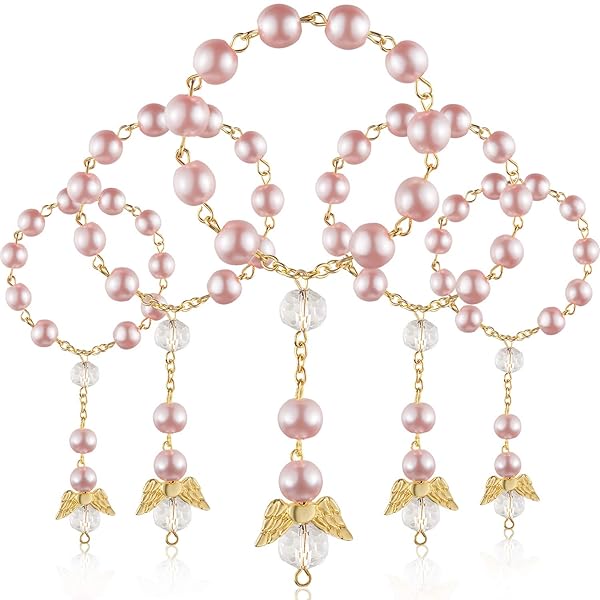 Hicarer 30 Pink Gold Baptism Rosary Beads - Mini Rosaries with Angel for First Communion Party Favors