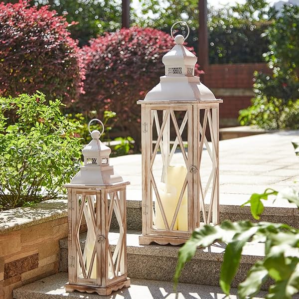 Glitzhome Glitzhome Farmhouse Wood & Metal Lanterns - Set of 2 Decorative Hanging Candle Holders (No Glass)