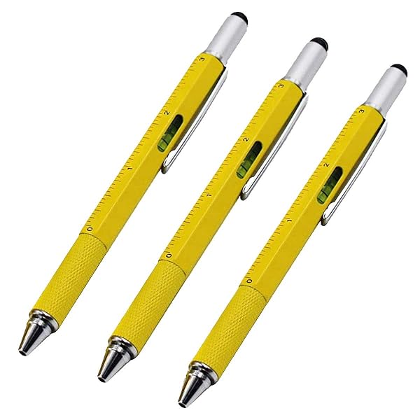AIYIBEN 7-in-1 Multi-Tool Stylus Pen: Touchscreen, Ballpoint, Ruler & Screwdrivers - 3 Pack Yellow